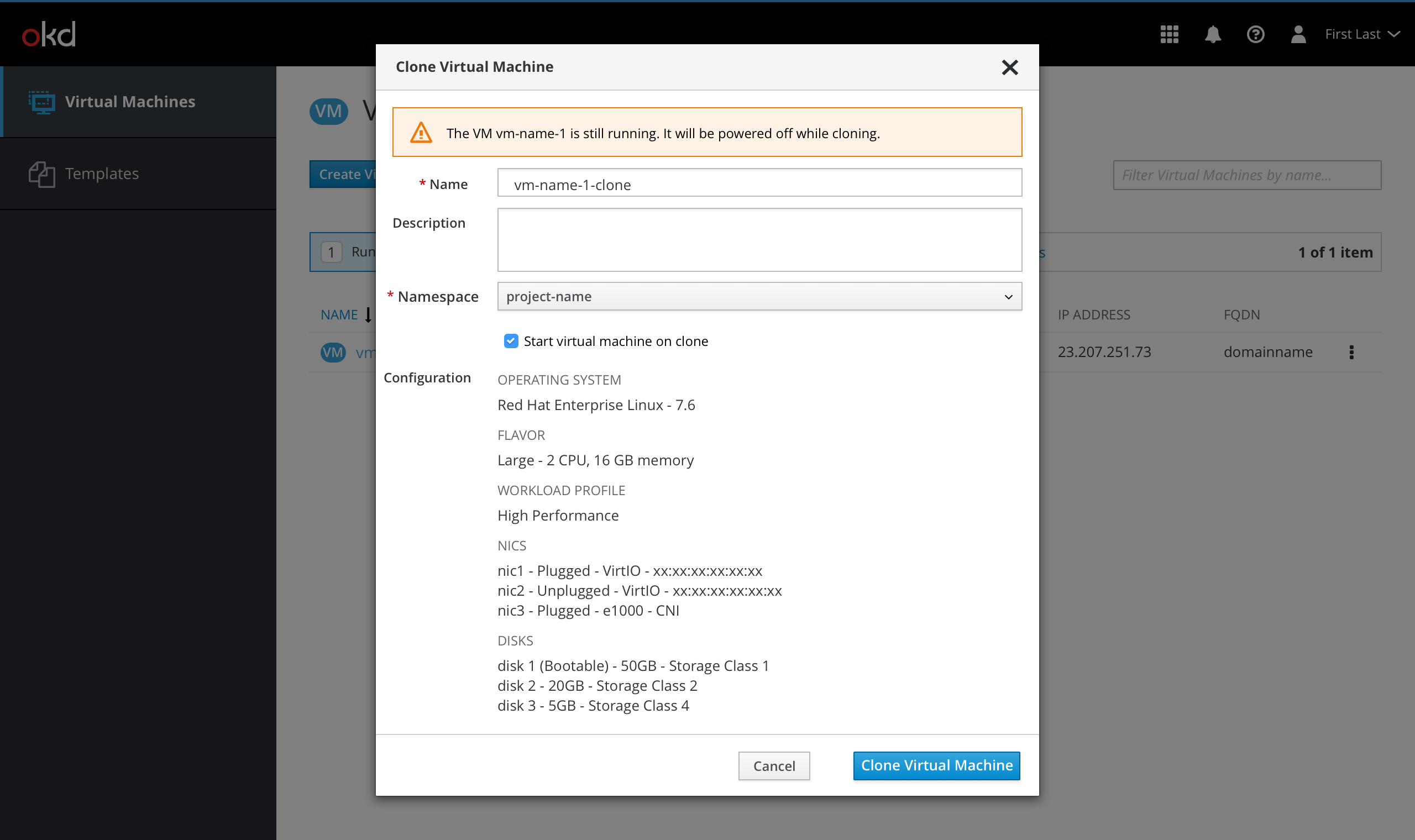 VM modal with still running notice